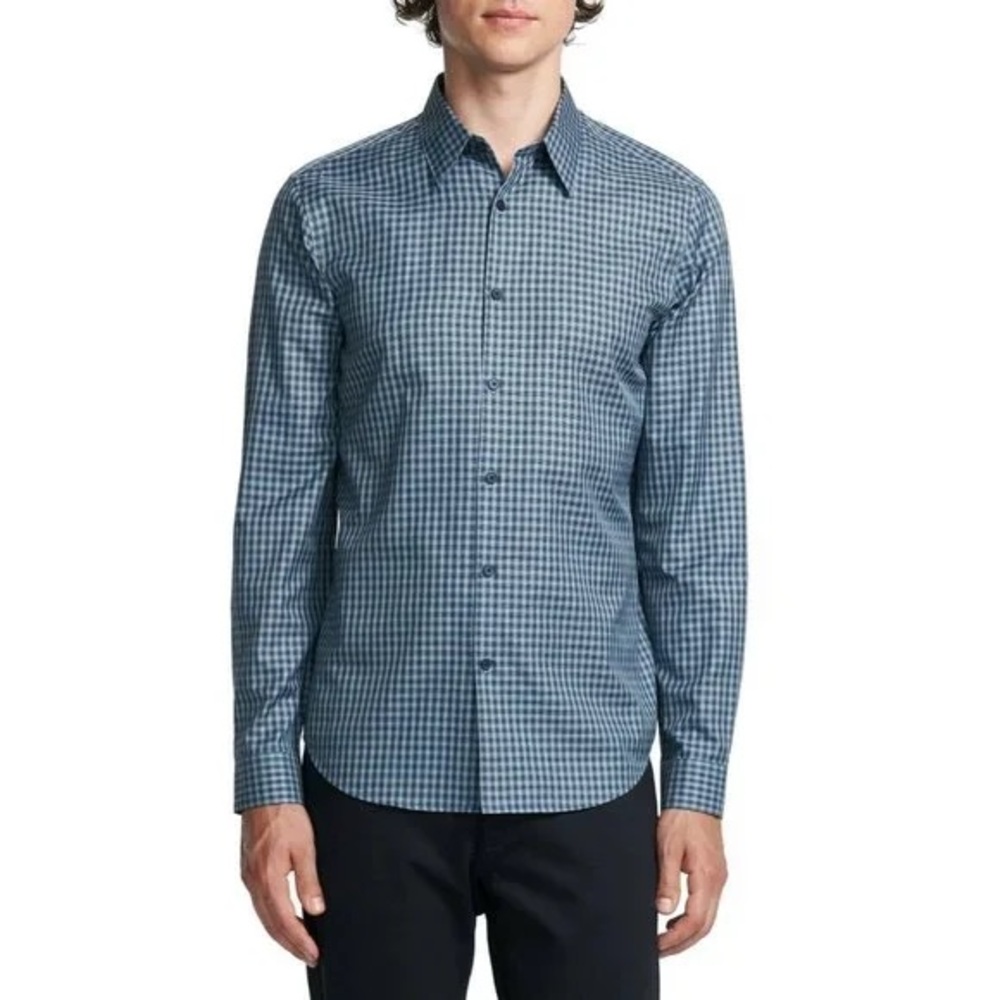 Theory Men's Irving Long Sleeve Button Down Casual Shirt in Fade Check Blue XXL